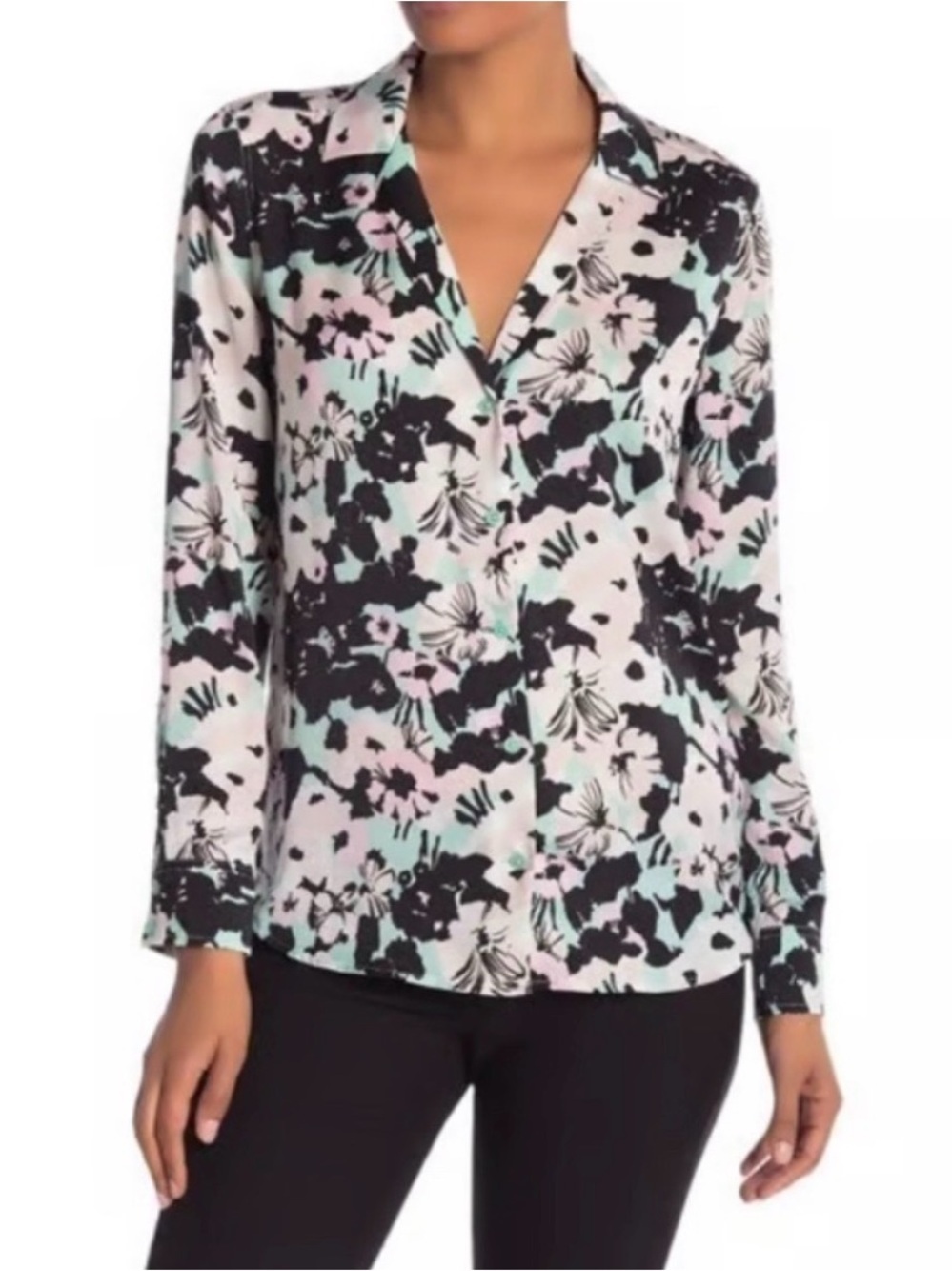 Equipment Floral Button-Down Blouse in Mint, Pink & Black